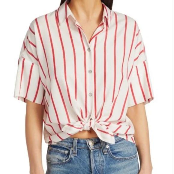 Rag & Bone Relaxed Fit Shirt Button Down Short Sleeve Stripe Women's L Red White - Picture 11 of 11
